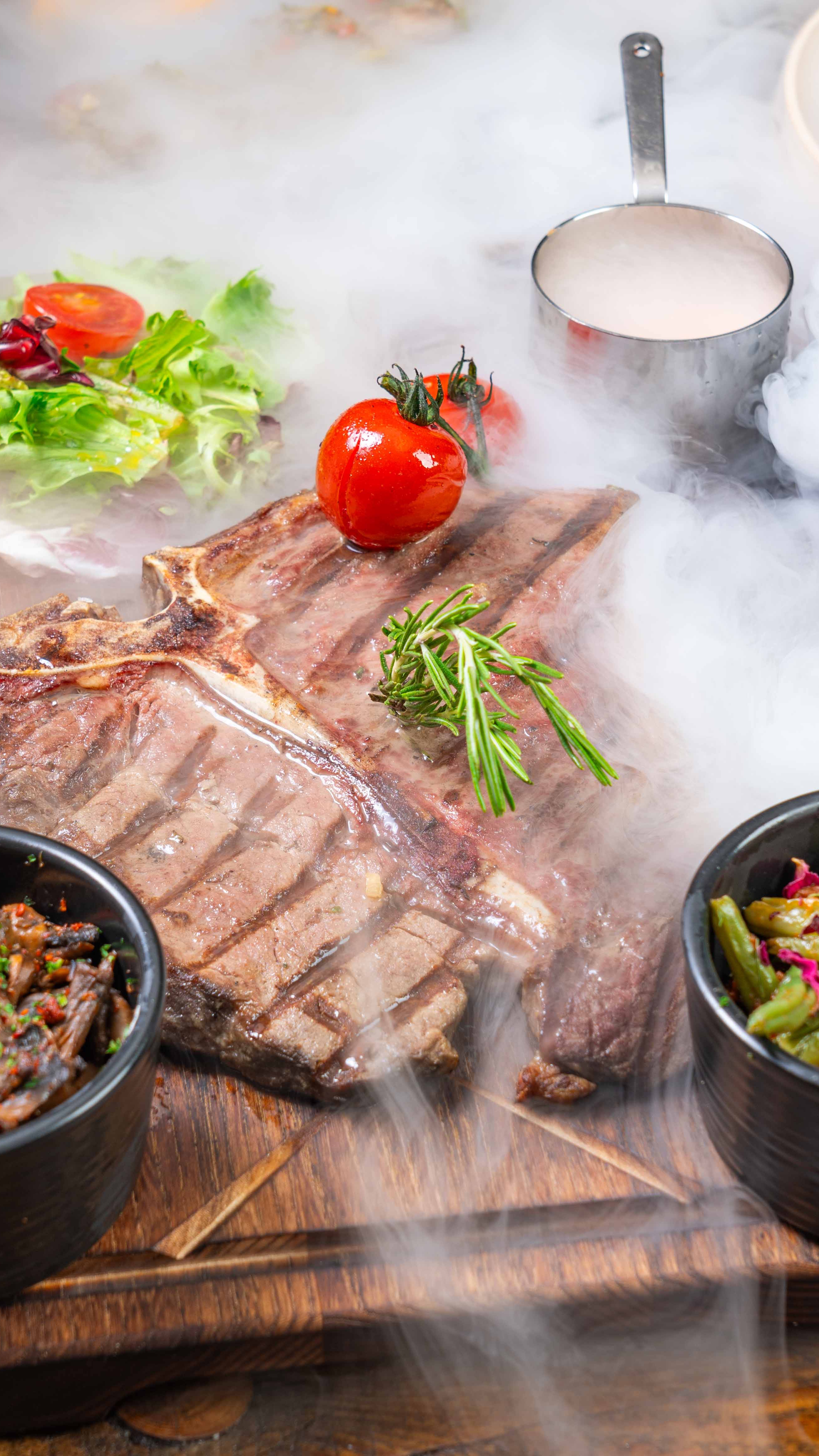 T-bone steak under dry ice